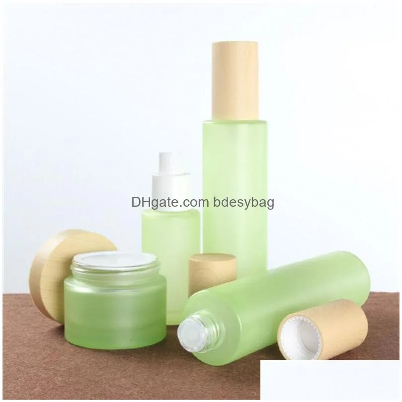 frosted green glass bottle cream jar fine mist spray lotion pump bottles refillable cosmetic container jars 20ml 30ml 40ml 60ml 80ml 100ml 120ml packing