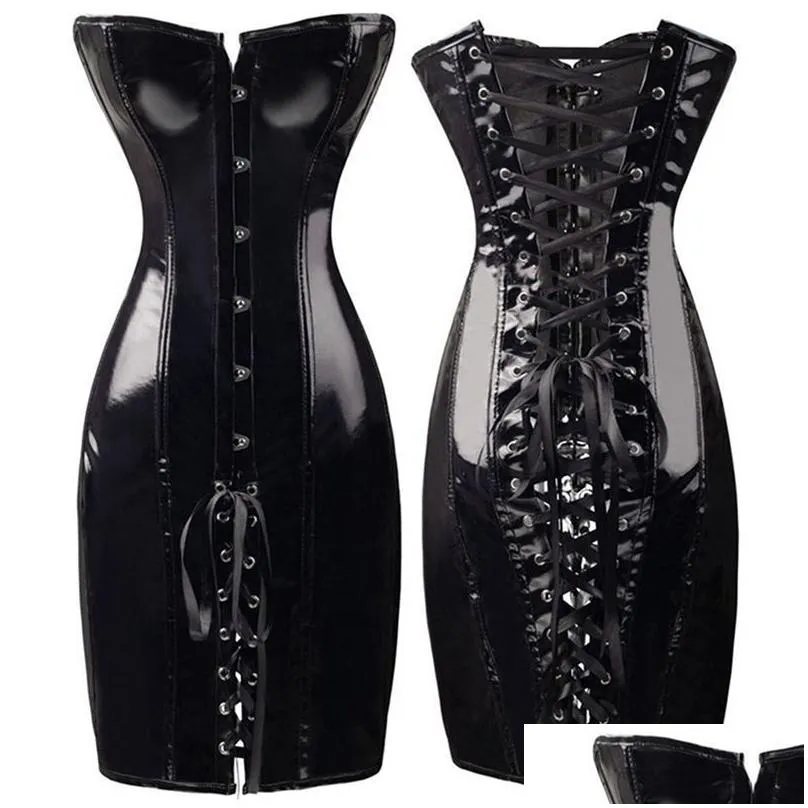 women pu leather corset gothic y dress shiny pvc leather boned bustier top lace clubwear corselet black/red