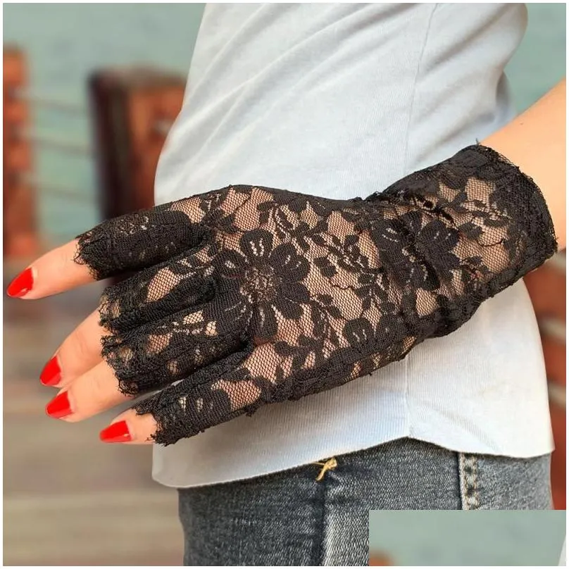 five fingers gloves women summer sexy black hollow lace sunscreen breathable thin half finger prom decoration etiquette pole dance