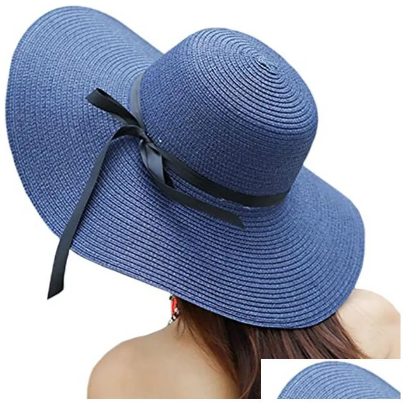 fashion womens big brim sun hat floppy foldable bowknot straw hat summer beach hat 10pcs/lot