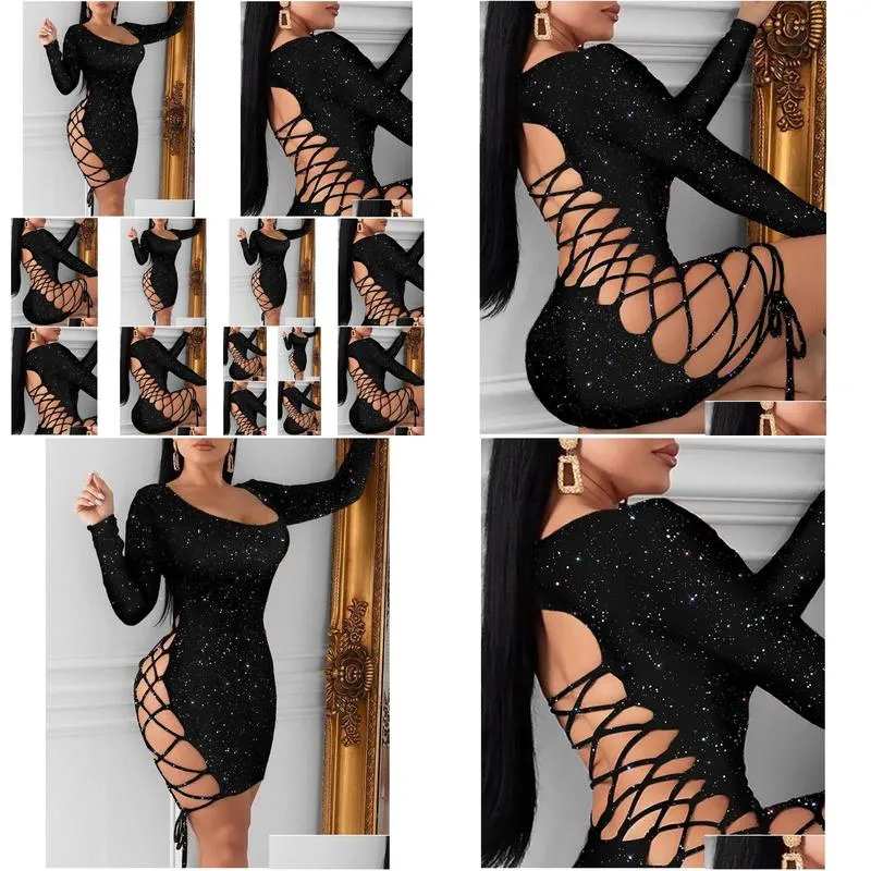 casual dresses y black color hollow out backless bandage dress women sequin mini bodycon long sleeve party club ladies