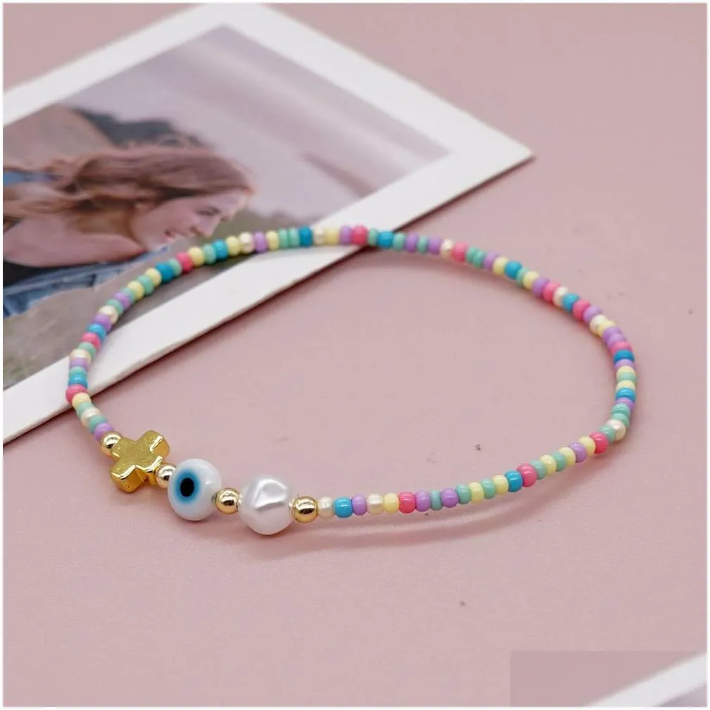 20pcs/lot pearl christian cross evil eye charms bracelets beaded colorful bracelets for woman as speical fashion jewelry gift