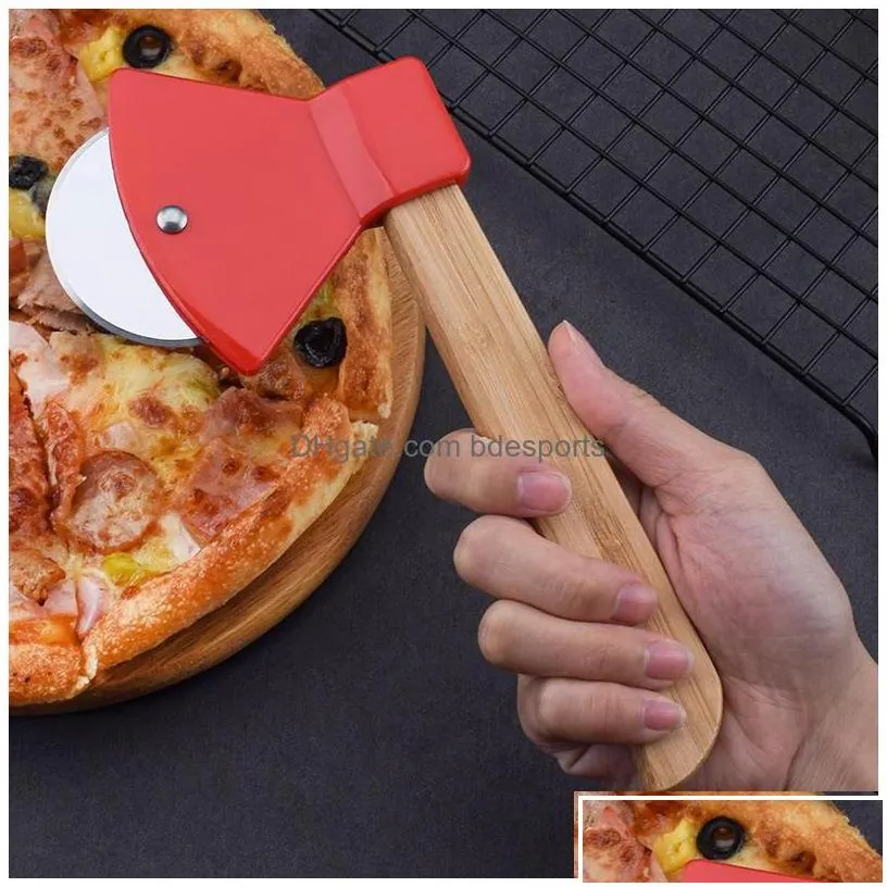 fruit vegetable tools tools axe bamboo handle pizza cutter rotating blade home kitchen cutting tool inventory wholesale drop deliv