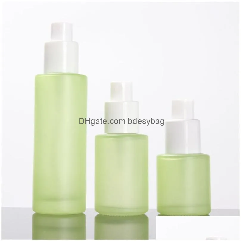 frosted green glass bottle cream jar fine mist spray lotion pump bottles refillable cosmetic container jars 20ml 30ml 40ml 60ml 80ml 100ml 120ml packing