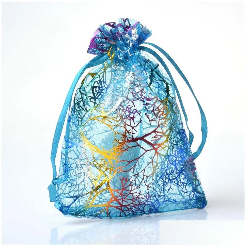 blue coralline organza drawstring jewelry packaging pouches party candy wedding favor gift bags design sheer with gilding pattern