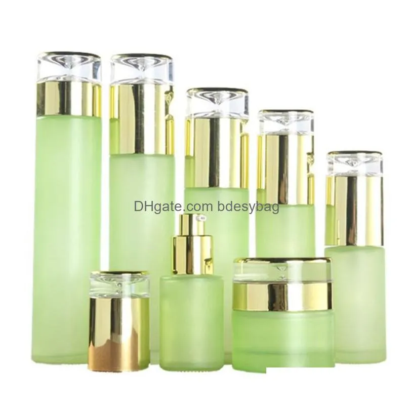 frosted green glass bottle cosmetic face cream jar packaging with plastic cap empty spray lotion bottles 20ml 30ml 40ml 60ml 80ml 100ml