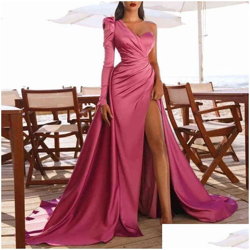 prom wedding party dresses women evening elegant sexy one shoulder backless satin pleated side split loose long maxi dress 2022