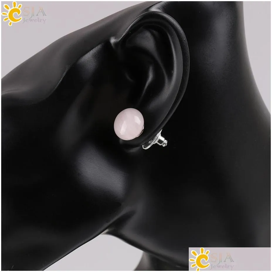 csja girl push back stud earring round bean natural gem stone beads rose quartz amethyst for women girls fashion summer jewelry e109