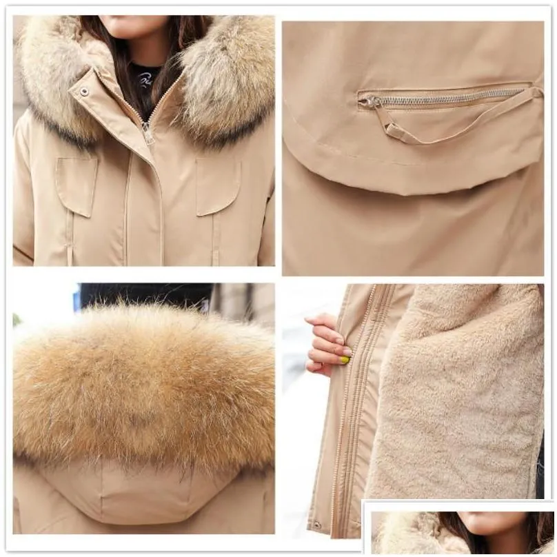 womens down parkas winter coat women fleece cotton padding fur hooded slim waist drawstring thick long jacket solid mujer 2022