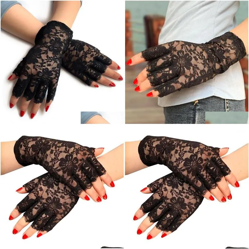 five fingers gloves women summer sexy black hollow lace sunscreen breathable thin half finger prom decoration etiquette pole dance