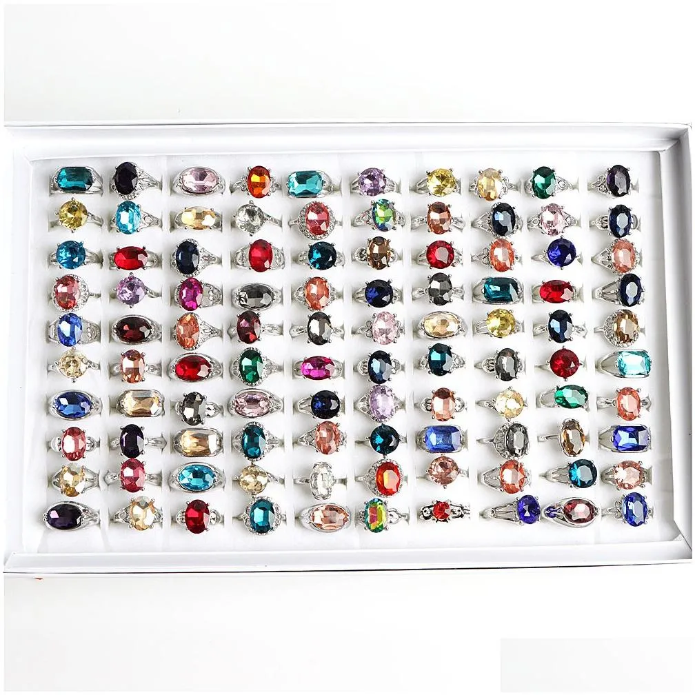 wholesale 50pcs/lot fashion colorful glass imitation gemstone rings for women mix color party gifts jewelry