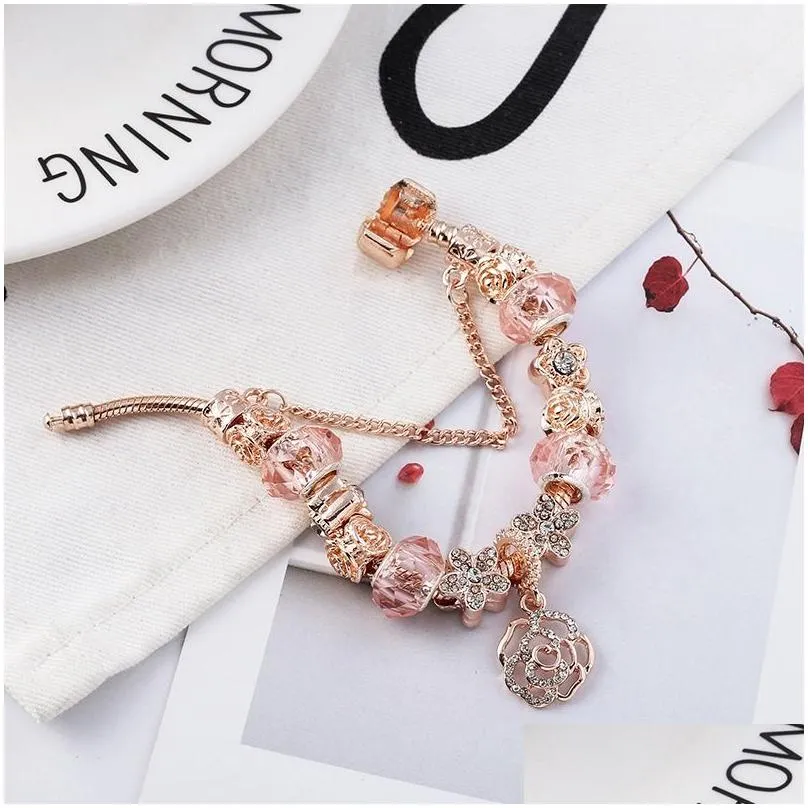 fashion  style charm bracelet five petals flower rose pendant european charm beads magnolia cherry dangle fits  charm bracelets necklace diy