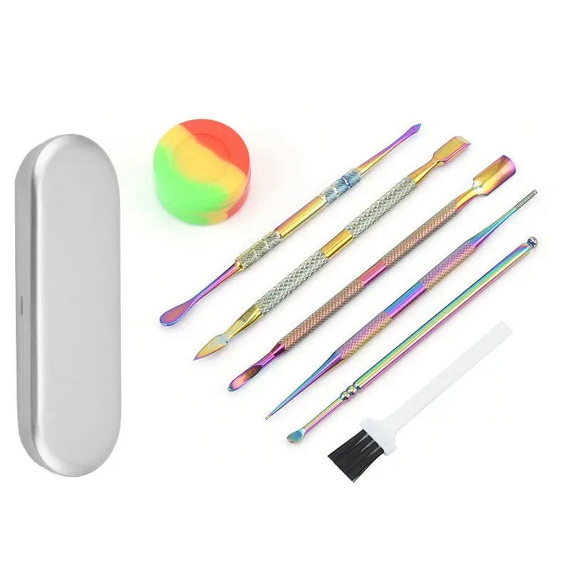 Latest Colorful Smoking 7in1 Kit Portable Stainless Steel Dry Herb Tobacco Oil Rigs Spoon Wax Shovel Dabber Scoop Hookah Bong Straw Tip Nails Cleaning Brush DHL