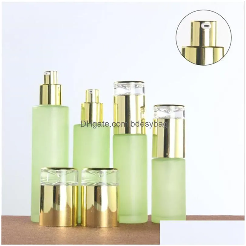 frosted green glass bottle cosmetic face cream jar packaging with plastic cap empty spray lotion pump bottles 20ml 30ml 40ml 60ml 80ml 100ml