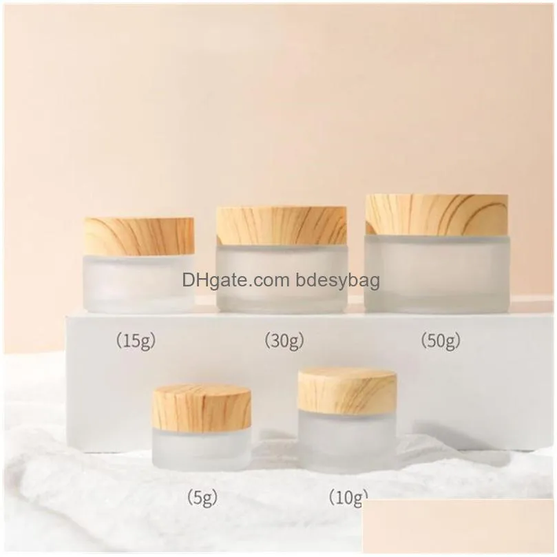 frosted glass jar skin care eye cream bottle refillable jars empty cosmetic container pot with plastic wood grain lids 5g 10g 15g 20g 30g