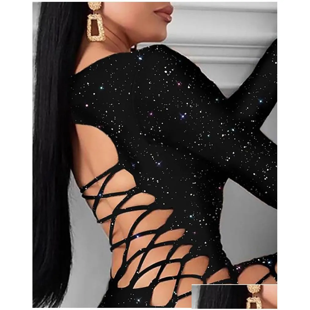 casual dresses y black color hollow out backless bandage dress women sequin mini bodycon long sleeve party club ladies