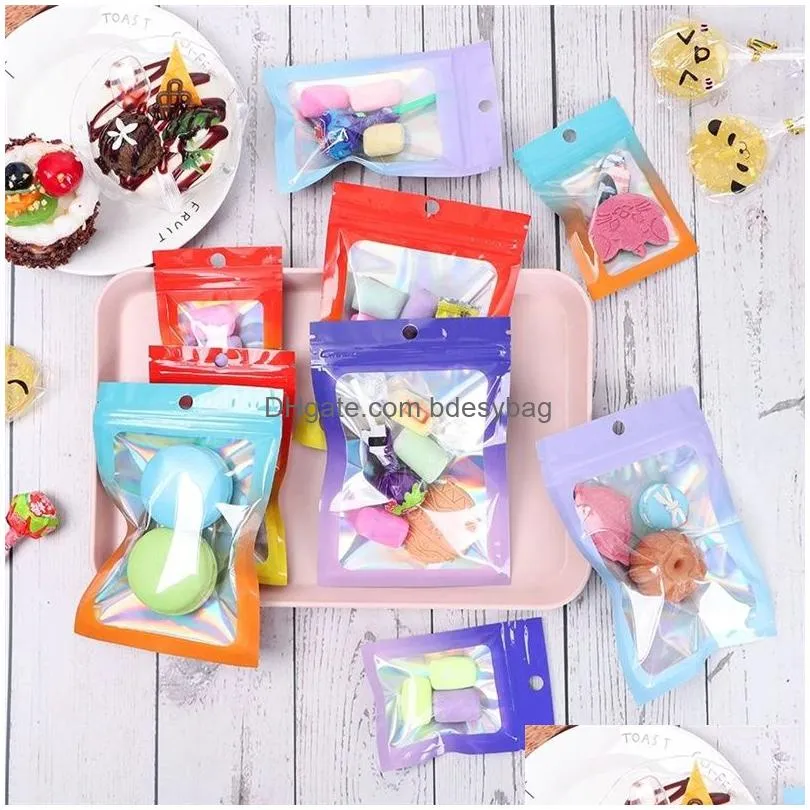 100pcs lot gradient color flat zipper bags holographic aluminum foil pouch jewelry cosmetics gift retail bags with hang hole