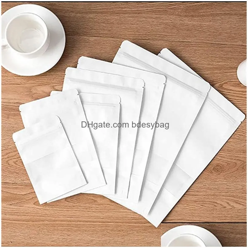 100pcs/lot kraft zipper stand up bag reclosable white paper bags for food storage with matte window pouch