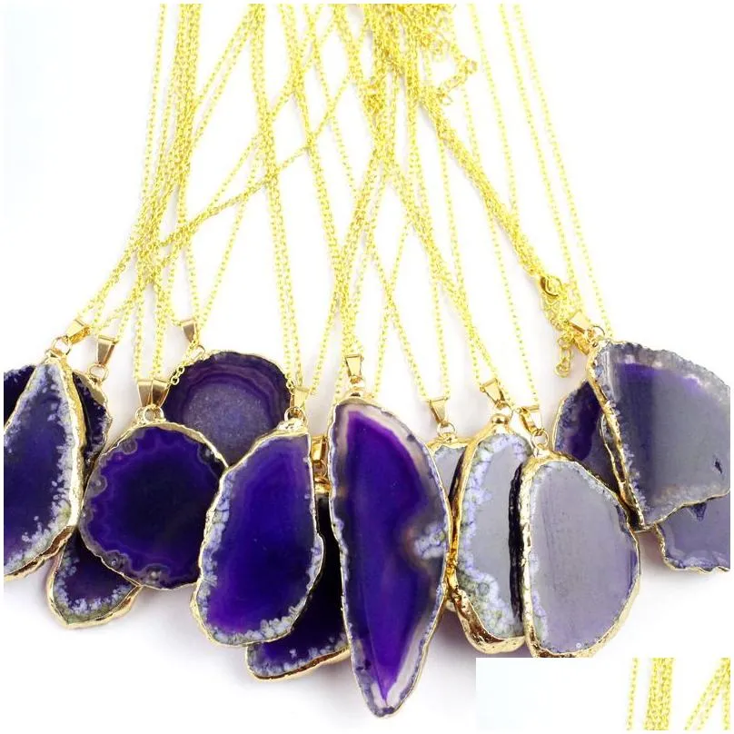 stainless steel chain natural stone agate pendant necklace gold edge irregular shape necklaces women fashion jewelry will and sandy