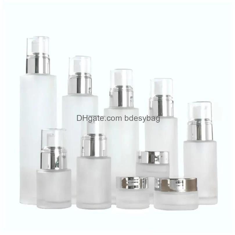 frosted glass bottle cosmetic travel packaging refillable lotion spray pump bottles jars 20ml 30ml 40ml 50ml 60ml 80ml 100ml cosmetics