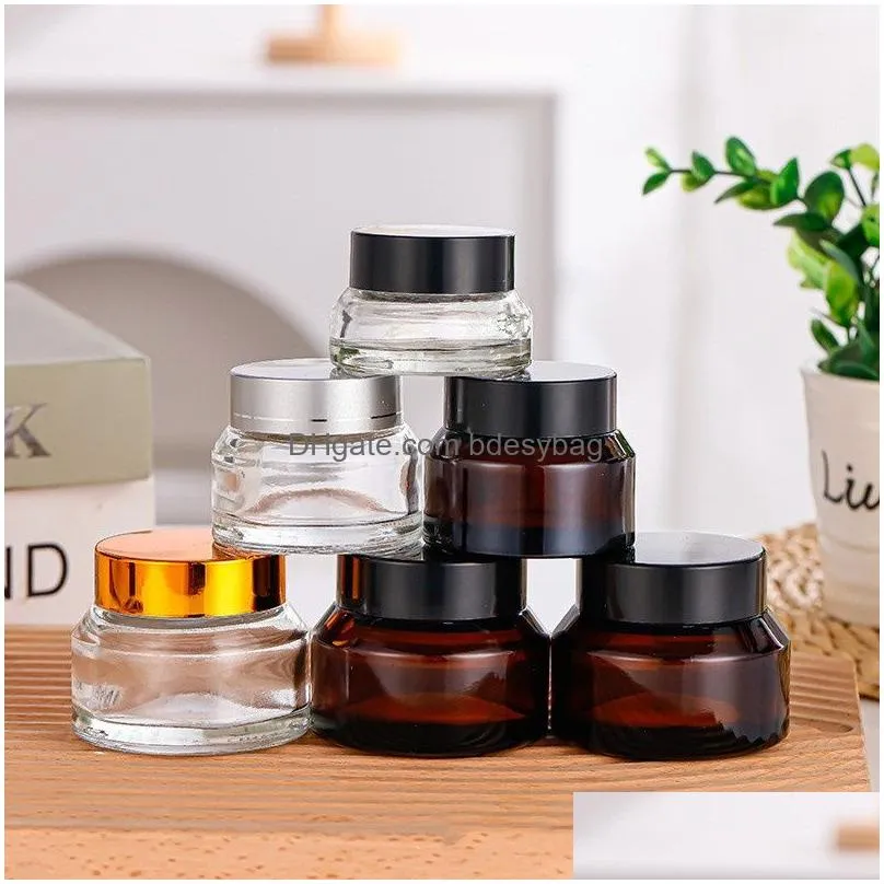 15g 30g 50g amber brown glass cream jar empty container refillable cosmetic bottle with white inner liners and black gold lids