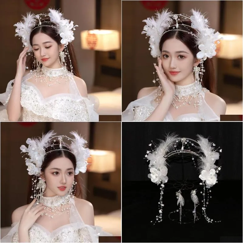 bride headwear 2023 super immortal feather crown hair accessories tassel set high end temperament p ography jewelry