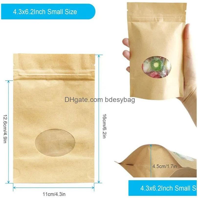 100pcs/lot kraft paper bags reusable sealing food pouches stand-up fruit tea gift package with transparent window storage packing