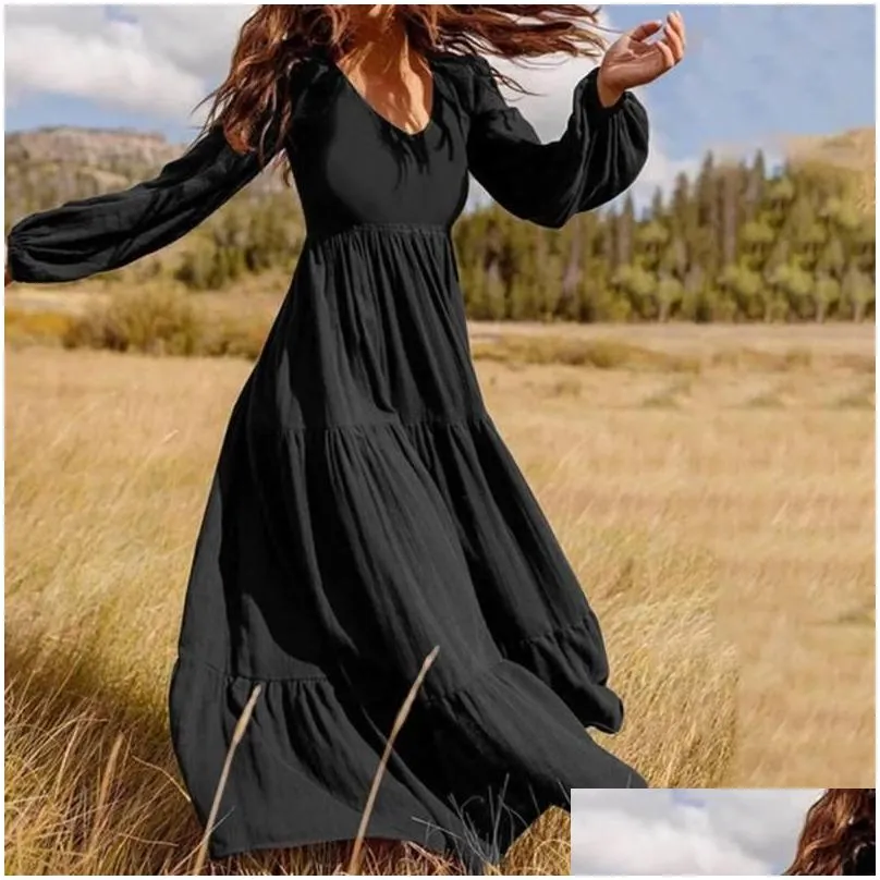 casual dresses women dress autumn long sleeve loose pleated s-5xl big size vestidos female ruffle splice elegant retro boho