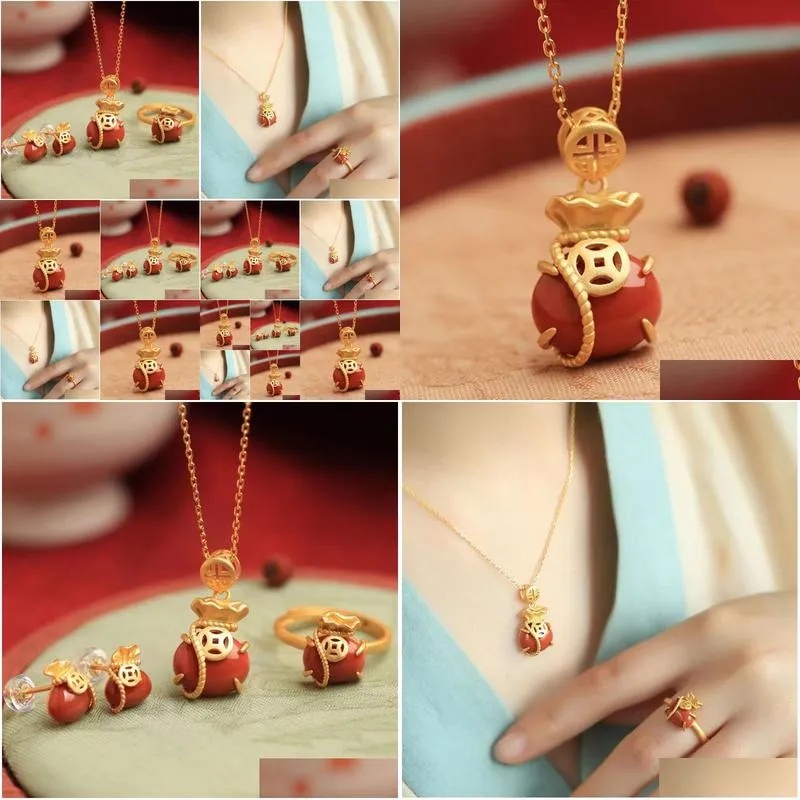  original little lucky money bag chinoiserie natural south red agate sterling silver ancient gold bone lock necklace pendant for