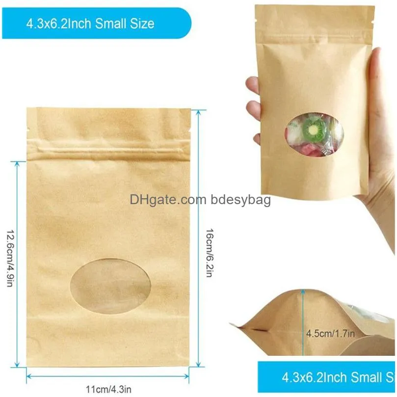 kraft paper bags reusable sealing food pouches stand-up fruit tea gift package with transparent window packing