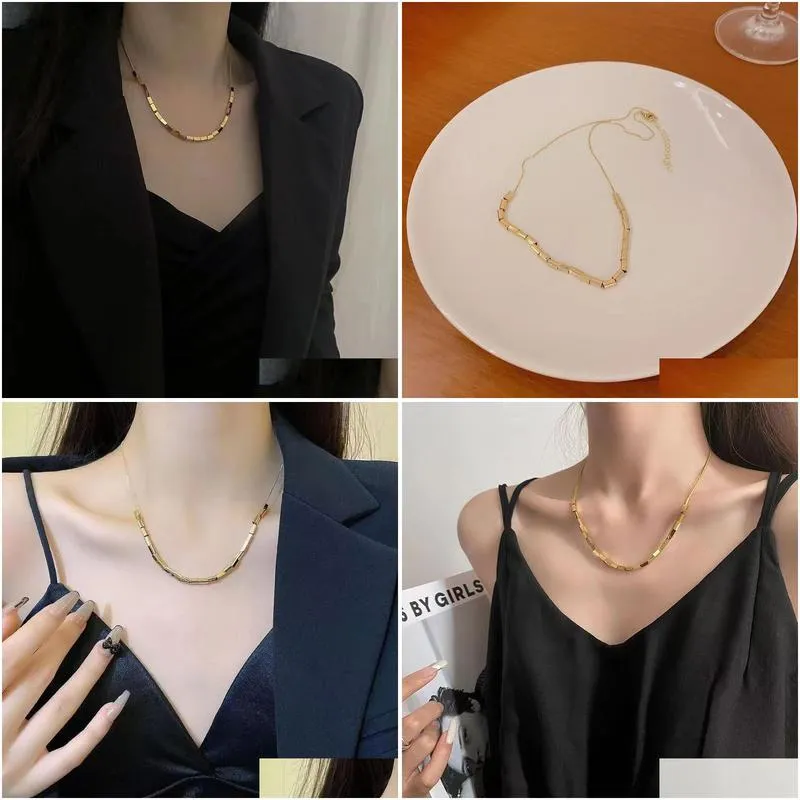 small square snake bone neckchain titanium steel necklace womens summer colorless collar chain 2023 womens unique design sense