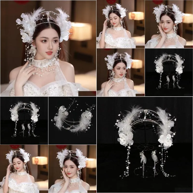 bride headwear 2023 super immortal feather crown hair accessories tassel set high end temperament p ography jewelry