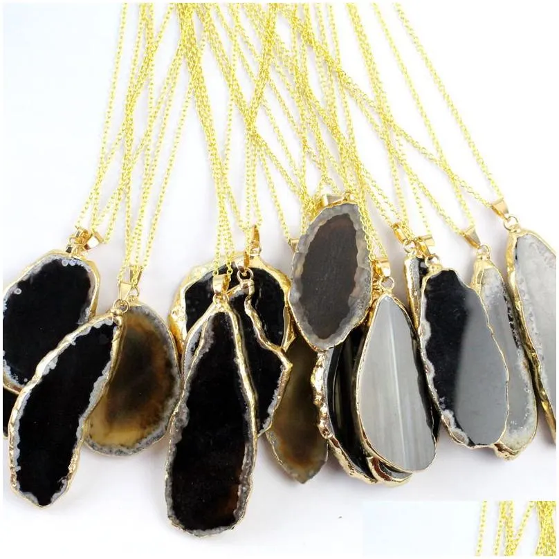 stainless steel chain natural stone agate pendant necklace gold edge irregular shape necklaces women fashion jewelry will and sandy