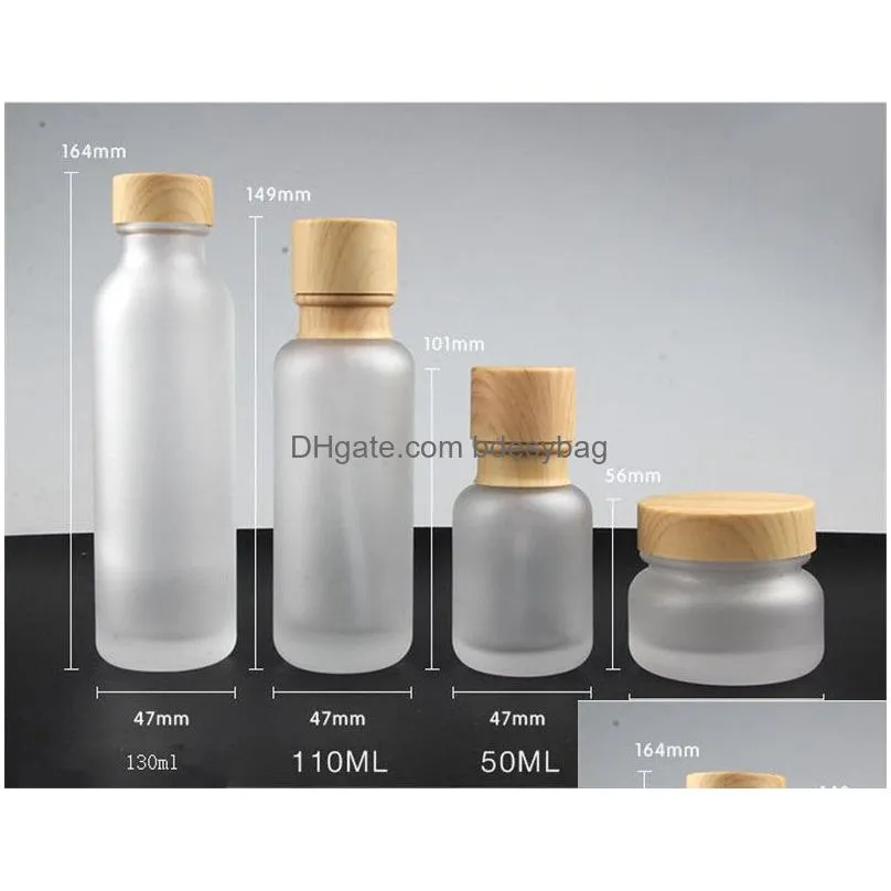 50ml 110ml 150mlfrosted glass jar cream bottles round cosmetic jars hand face lotion pump bottle with wood grain cap