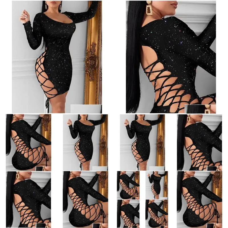 casual dresses y black color hollow out backless bandage dress women sequin mini bodycon long sleeve party club ladies