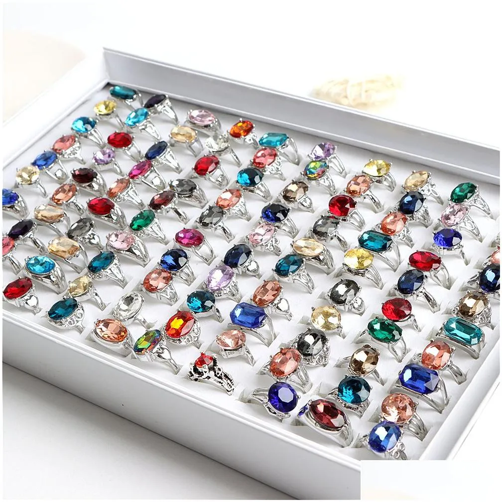 wholesale 50pcs/lot fashion colorful glass imitation gemstone rings for women mix color party gifts jewelry