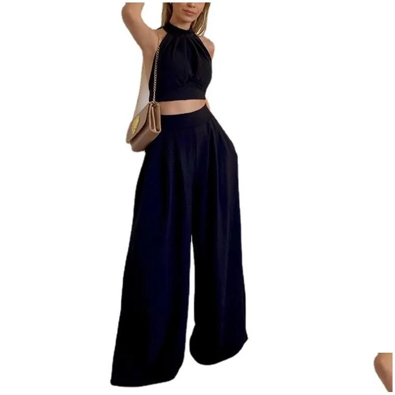 womens set 2023 spring/summer fashion casual set hanging neck slim fit womens set womens two piece set