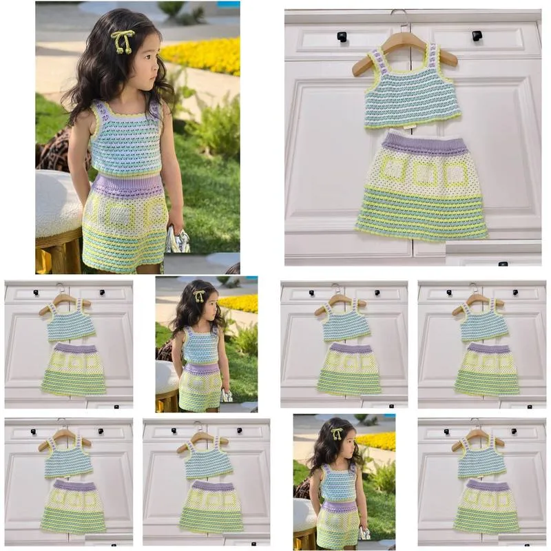 kids girls crochet hallow out clothing sets fashion designer knit sleeveless tops adda line skirts outfits summer baby clothes