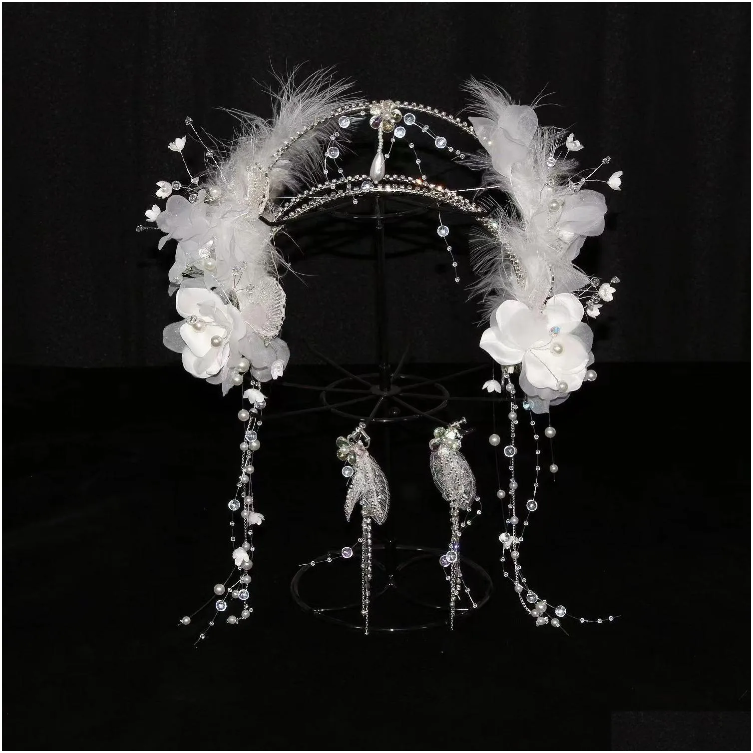 bride headwear 2023 super immortal feather crown hair accessories tassel set high end temperament p ography jewelry