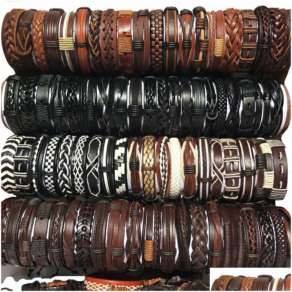 wholesale 30pcs leather bracelets handmade genuine fashion cuff bracelet bangles for men women jewelry mix styles brand new resizable
