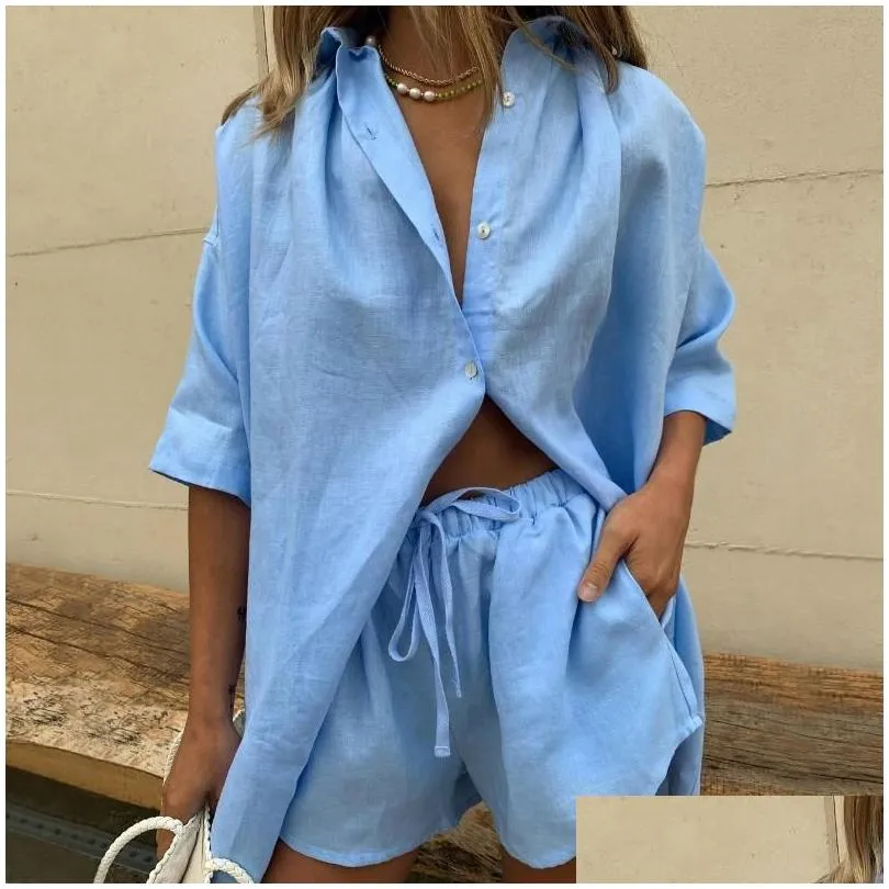 womens tracksuits women lounge wear shorts set short sleeve shirt tops and loose mini suit two piece cotton linen summer tracksuit