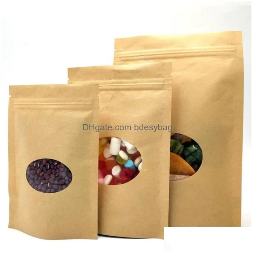 100pcs/lot kraft paper bags reusable sealing food pouches stand-up fruit tea gift package with transparent window storage packing