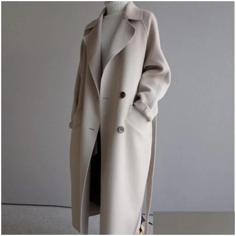 womens wool blends winter beige elegant blend women korean fashion black long coats vintage minimalist woolen overcoat camel oversize