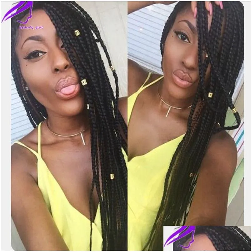 africa women style micro braided lace front wig dark brown color box braid wig synthetic braided wigs part with baby hair