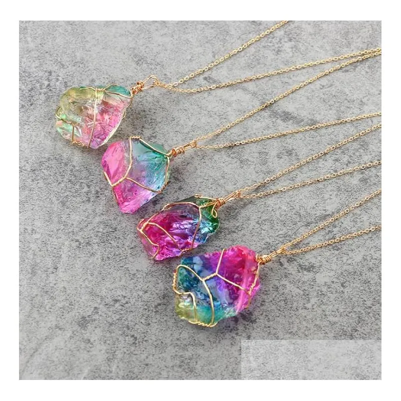 natural rainbow irregular quartz stone rock pendant crystal gemstone necklace gold plated wire wrap birthstone jewelry gifts for women