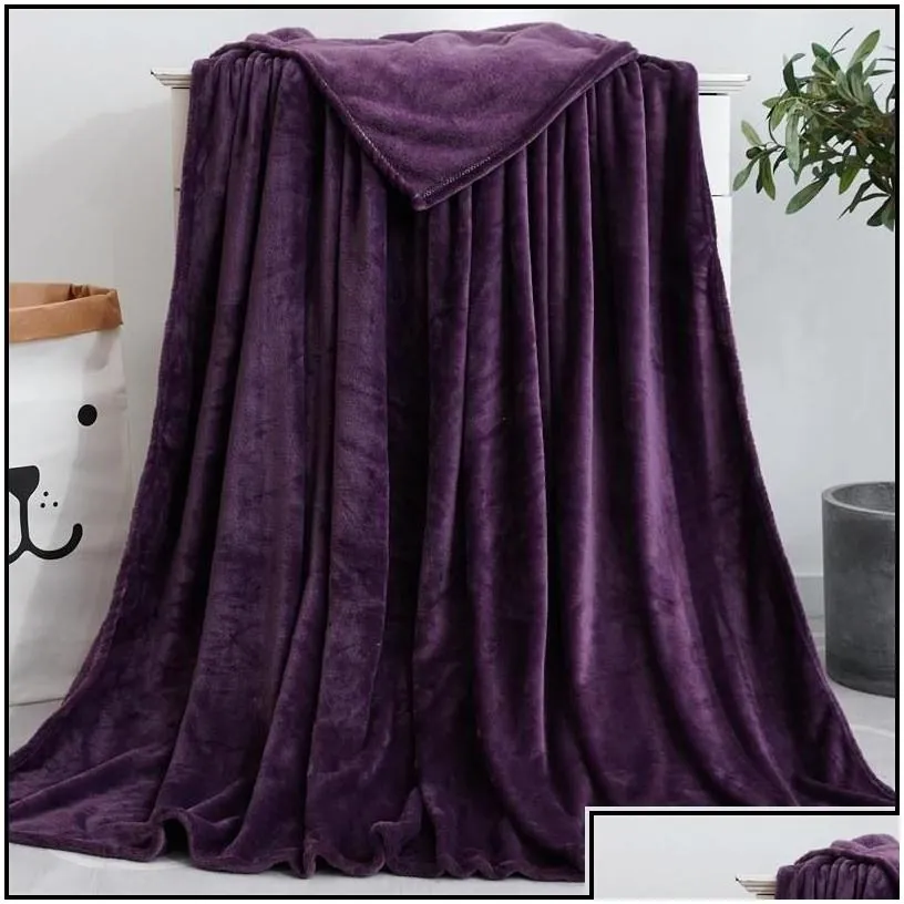 Blankets Coral Fleece Blanket Solid Color Flannel Winter Warm Soft Bedroom Throw Portable Light Weight Quilt Drop Delivery Home Gard