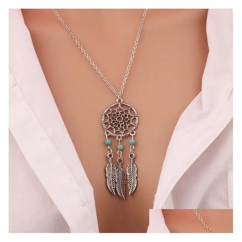 hot fashion dream catchers choker necklaces silver gold tassel wings feather leaf turquoise pendant necklace for womens fashion