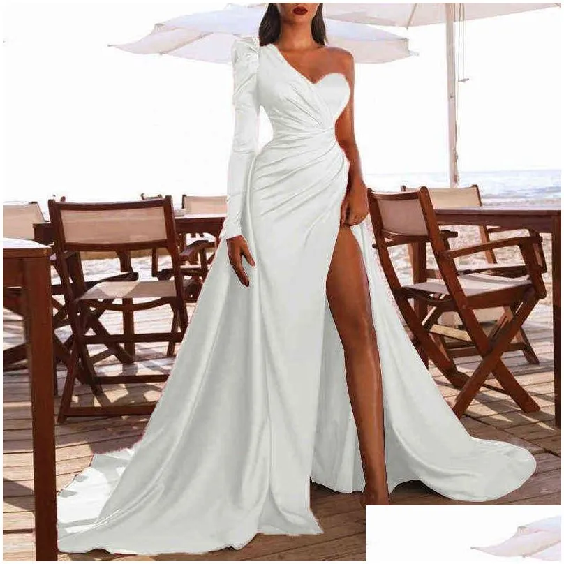 prom wedding party dresses women evening elegant sexy one shoulder backless satin pleated side split loose long maxi dress 2022