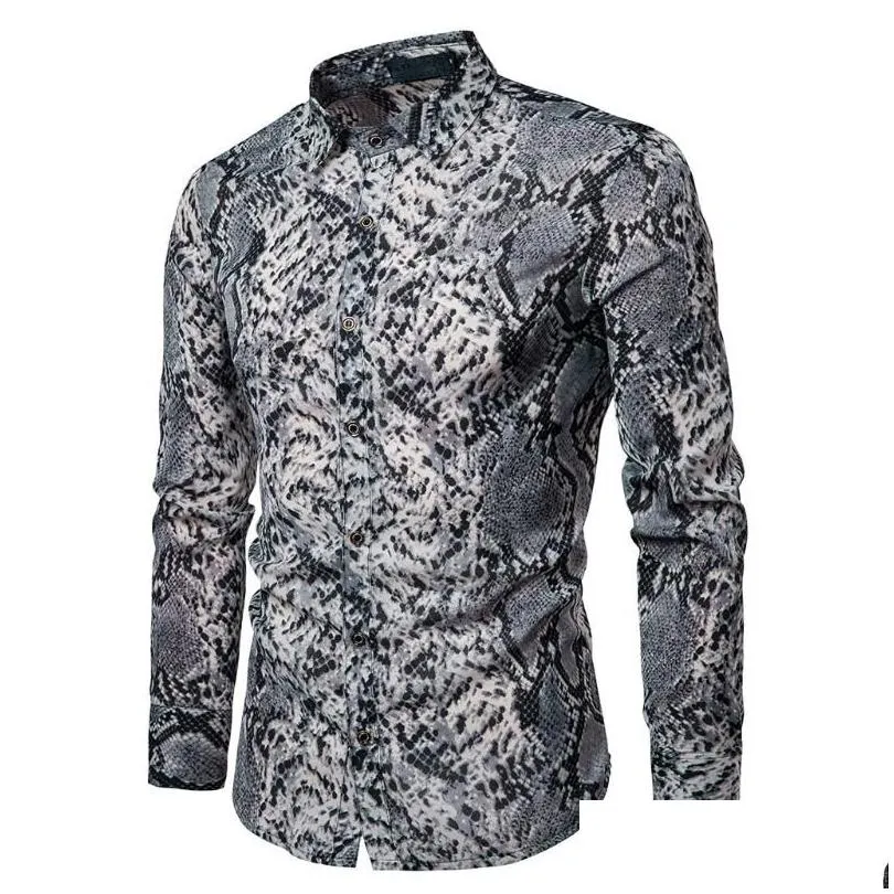 fashion trend mens long sleeve button shirt tops slim fit unique stylish snake skin pattern shirts pre-fall clothes