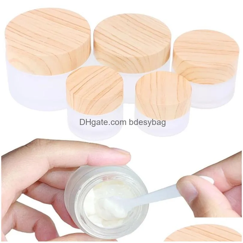 frosted glass jar skin care eye cream bottle refillable jars cosmetic container pot with plastic wood grain lids 5g 10g 15g 20g 30g